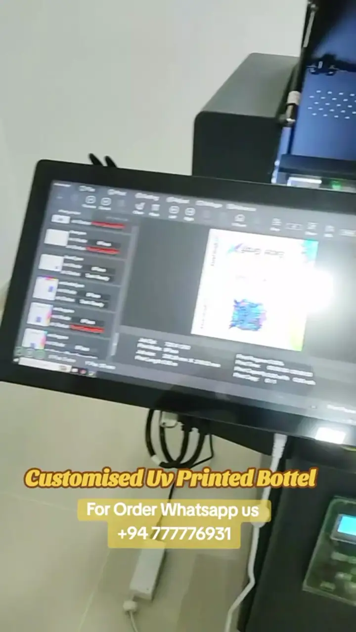 Custom bottle design set up on the UV printer’s screen
